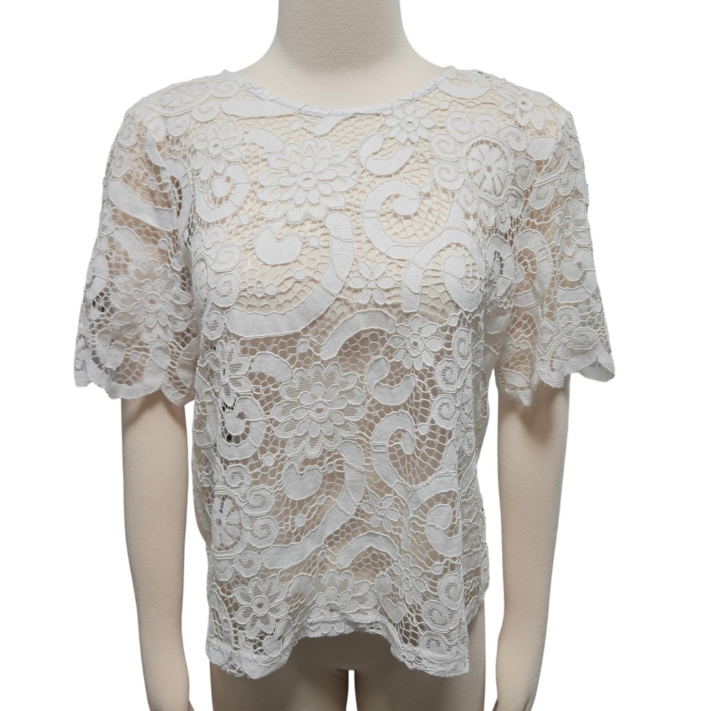 Nanette Lepore Lace Top White Floral Blouse Bow Back Romantic‎ Coquette Chic M